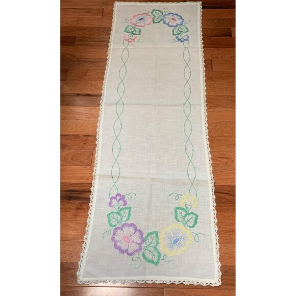 Embroidery Pink Purple and Yellow Flower Table Runner 15x46 Vintage - Picture 6 of 12